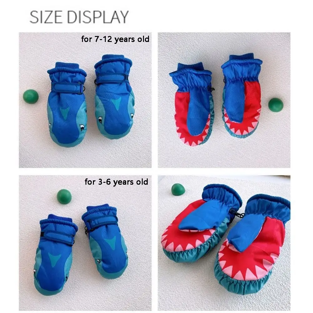 

Cartoon Children Ski Gloves Shark Pattern with Knuckles Snowboard Mitten Waterproof Warm Winter Skiing Gloves for Girls Boys