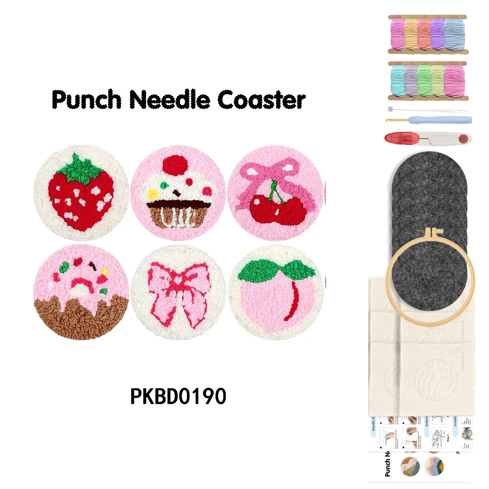 

GATYZTORY 6pcs Fruit Cake Pattern Cup Mat DIY Punch Needle Embroidery Set Coaster Scenery Creative Home Decor Unique Gift