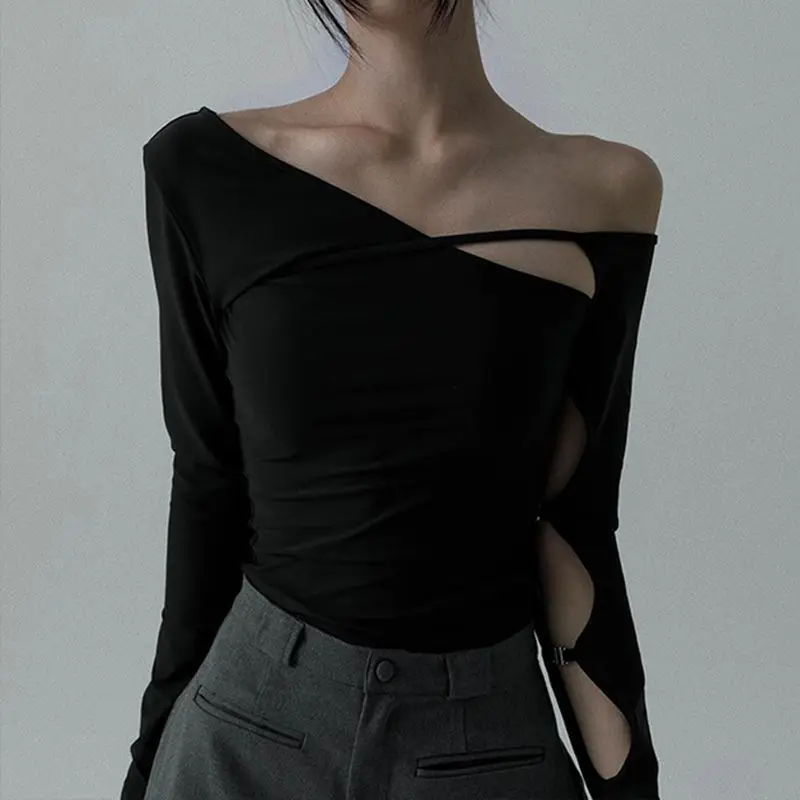 

Sexy Tops Women American Style Hollow Out Off Shoulder Long Sleeve T-Shirt Slim Fit Bodycon Y2K Tie Detail Casual Streetwear