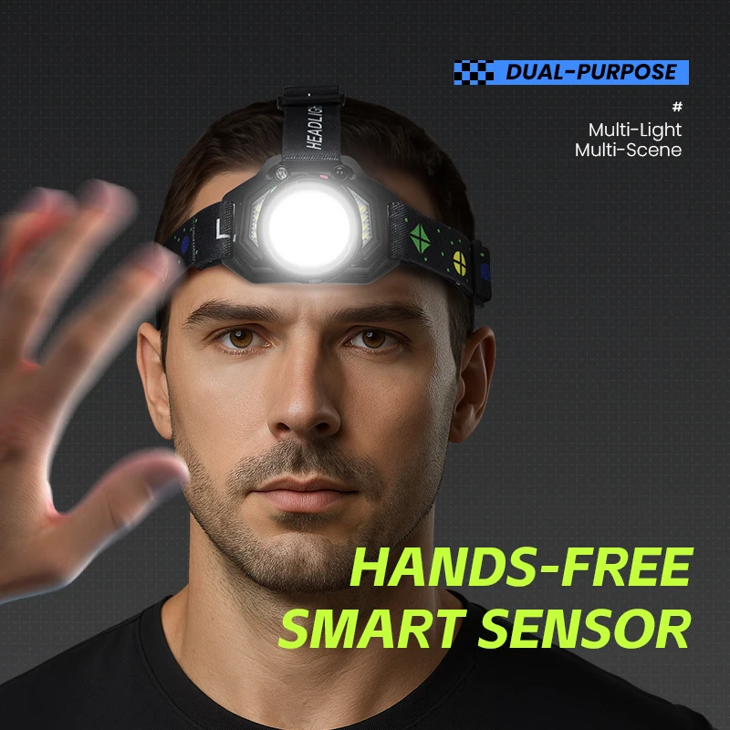 Rechargeable LED Headlamp Powerful Super Bright 1000LM Dual Light Source 90° Head Lamp Flashlight Outdoor Work Sensor Headlight