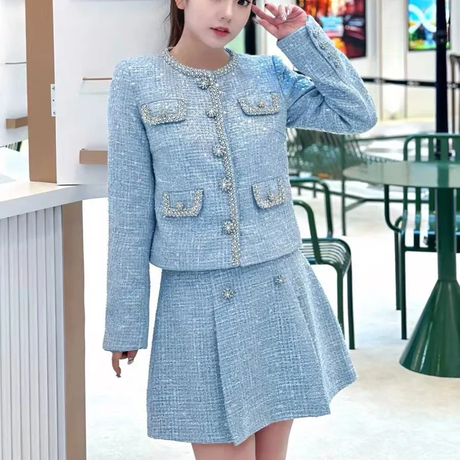 Women Sparkling sequin tweed set o-neck long sleeve jacket + mini dress + half skirt