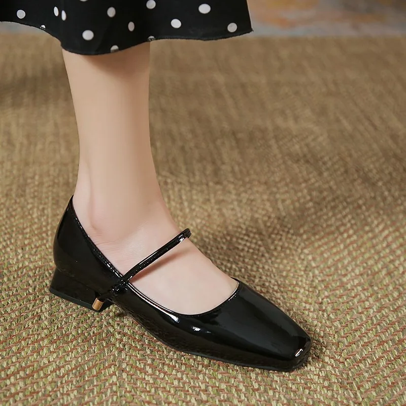 High Heels French Dress Party Shoes for Woman Platform Patent Leather Mary Jane Burgundy Black Square Toe Mid-heel Pumps 2024