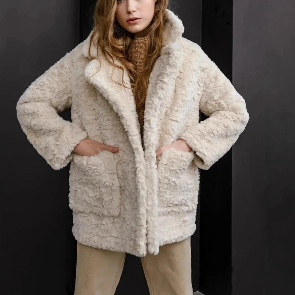 Faux Rabbit Fur Women Coats Solid Overcoats Long Sleeves Turn Down Collar Single Breasted Thick Loose Casual Autumn Winter 2025