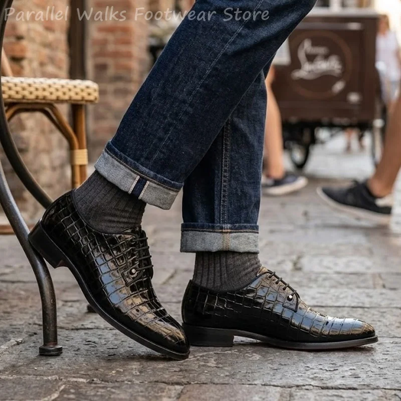 Men Patent Leather Oxford Shoes Crocodile Pattern Lace Up Dress Shoes Formal Party Wedding Footwear Shiny Flat Derby Oxfords