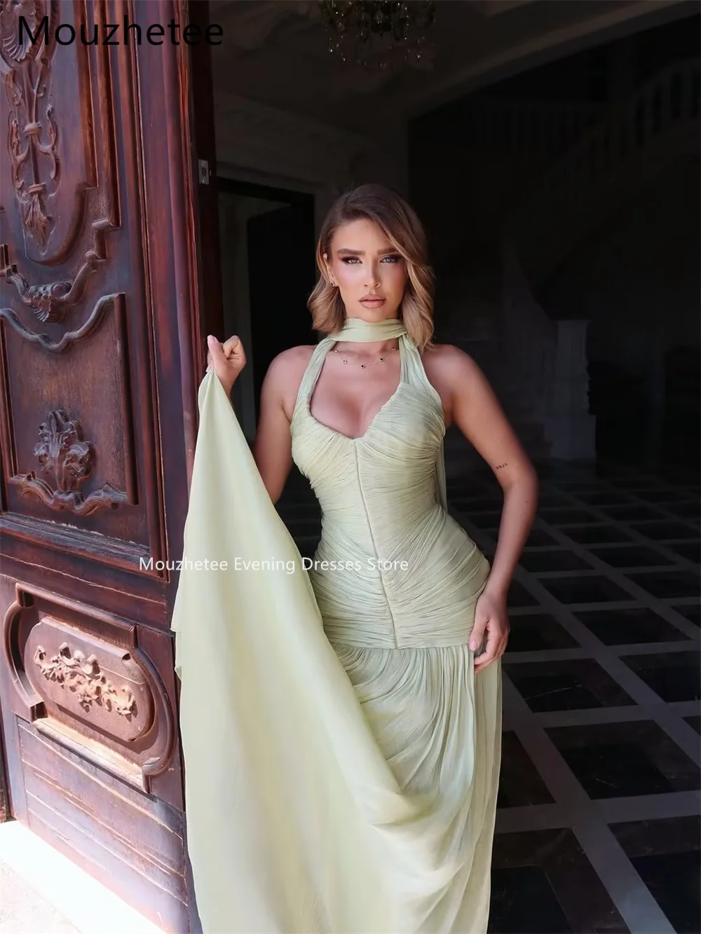 

Mouzhetee Simple A-Line V-Neck Pleat Evening Dresses Formal Party Gowns for Women Elegant Sleeveless Prom Gown Customized 2026