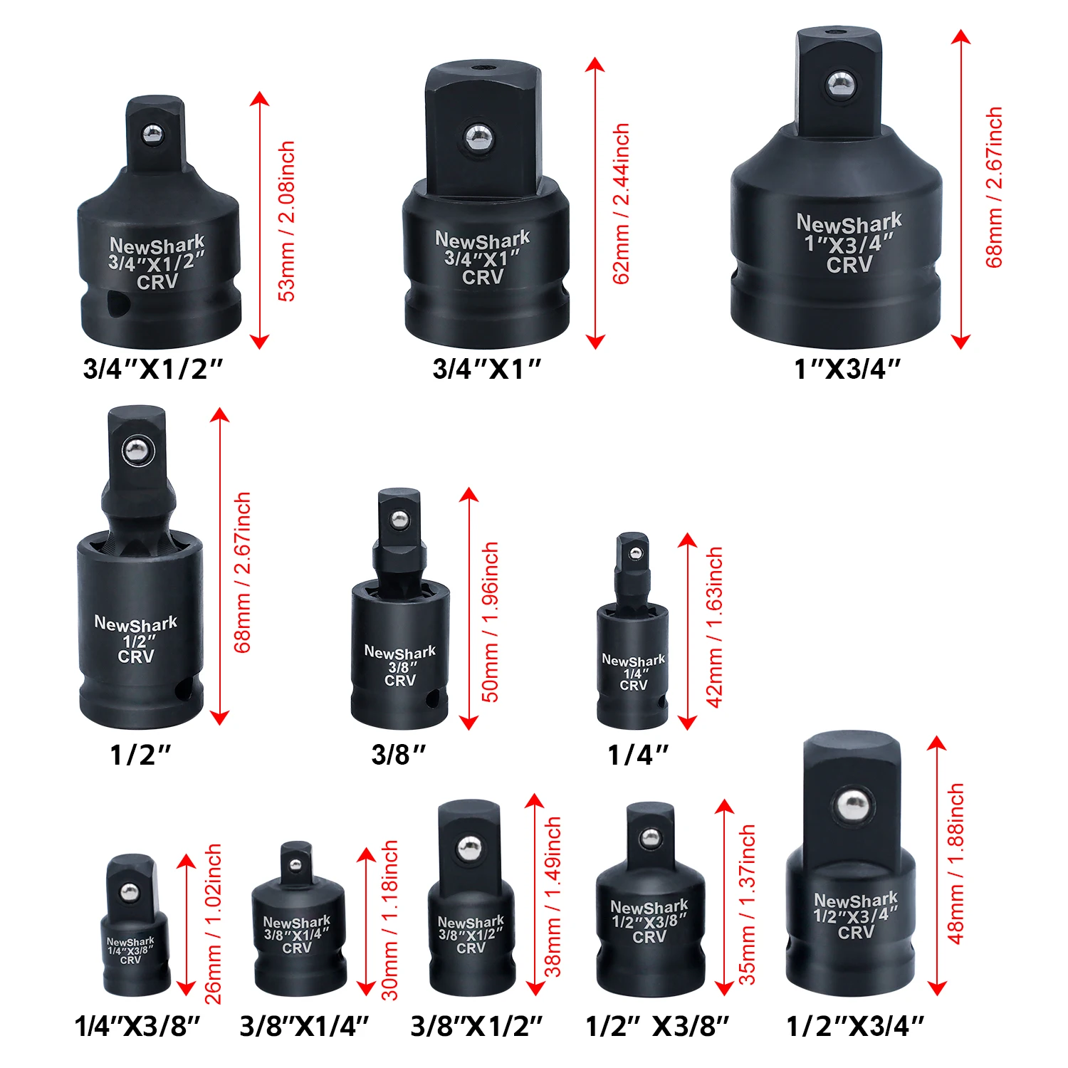 Black 8-piece set, 11 piece set pneumatic sleeve conversion air gun sleeve conversion head, 1 inch to 3/4 to 1/2 to large to sma