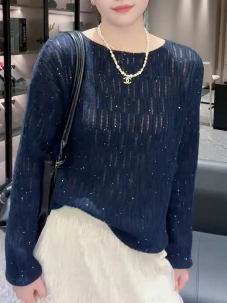 

Свитер с пайетками и вырезами, модный, больших размеров, осень 2025, теплый, удобный, в корейском стиле, длинный рукав, круглый вырез горловины