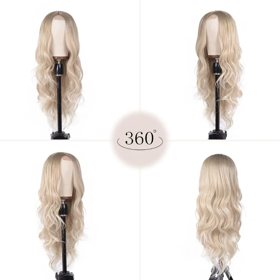 Long Ash Blonde Wavy Wig for Women 26 Inch Middle Part Curly Wavy Wig Natural Looking Synthetic Heat Resistant Fiber Wig for Da