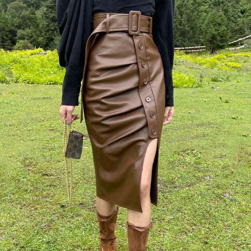PU Leather Skirt Women's 2026 Spring Fall New Temperament Split Fork High Waist Thin Hip Skirt Medium and Long Super Hot Skirt
