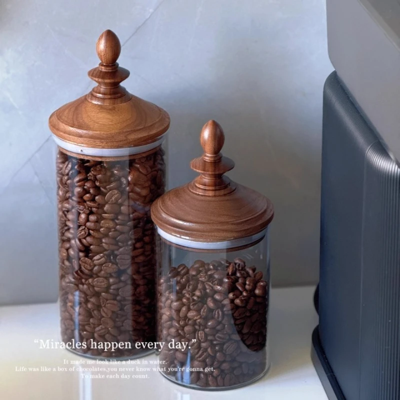 

Japanese Coffee Bean Storage Canister Black Walnut Glass Jar for Kitchen Large Sealed Container for Tea Sugar Flour Dispenser