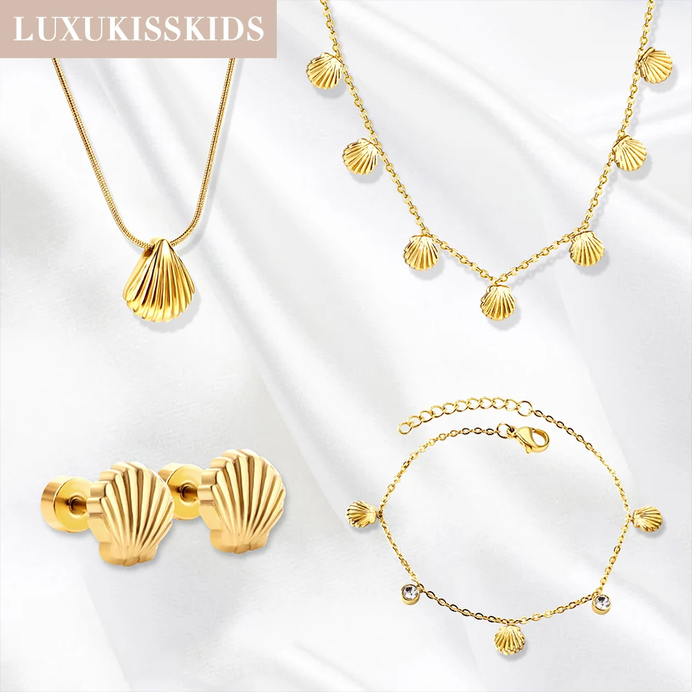 LUXUKISSKIDS Textured Shell Shape Earrings Necklace Bracelets Summer Stylish Stainless Steel Woman Jewelry Set 18K Gold Plated