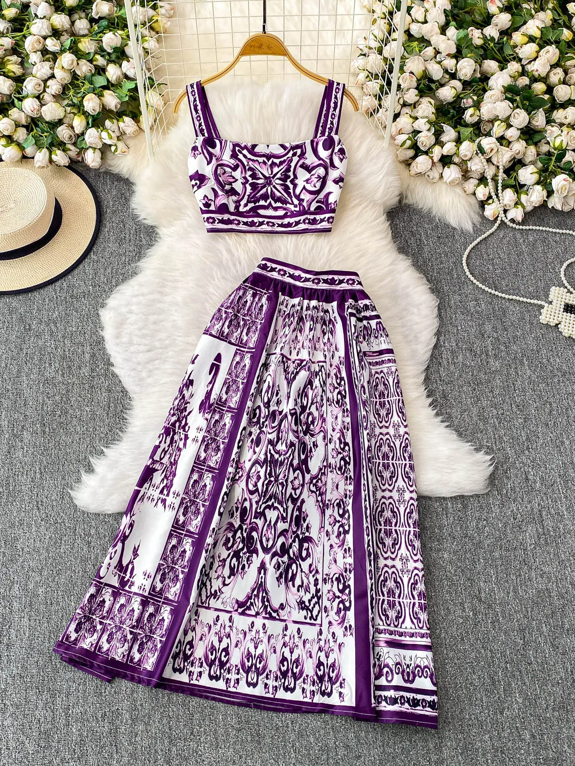 

Summer Print Floral Vintage 2 Piece Sets Women Long Skirts Outfit 2025 Fashion Slip Top and High Waist Skirts Two Piece Set