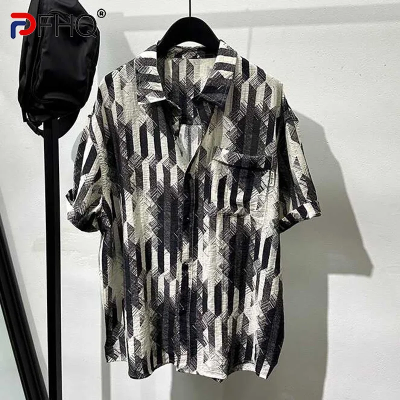 FEWQ Summer Printed Short Sleeved Shirt Luxury Loose Contrast Color Turn-down Collar Male Tops New Fashion Casual 21Z5511