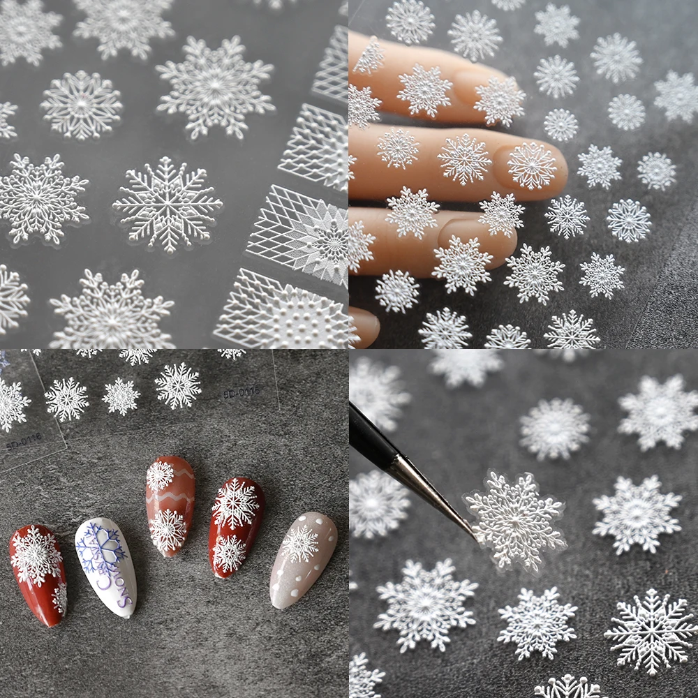 5D große Weihnachts-Schneeflocken-Nagelaufkleber, geprägte weiße Schneeflocken, selbstklebende Nagelkunst-Abziehbilder, Maniküre, Winter, Weihnachtsschieber