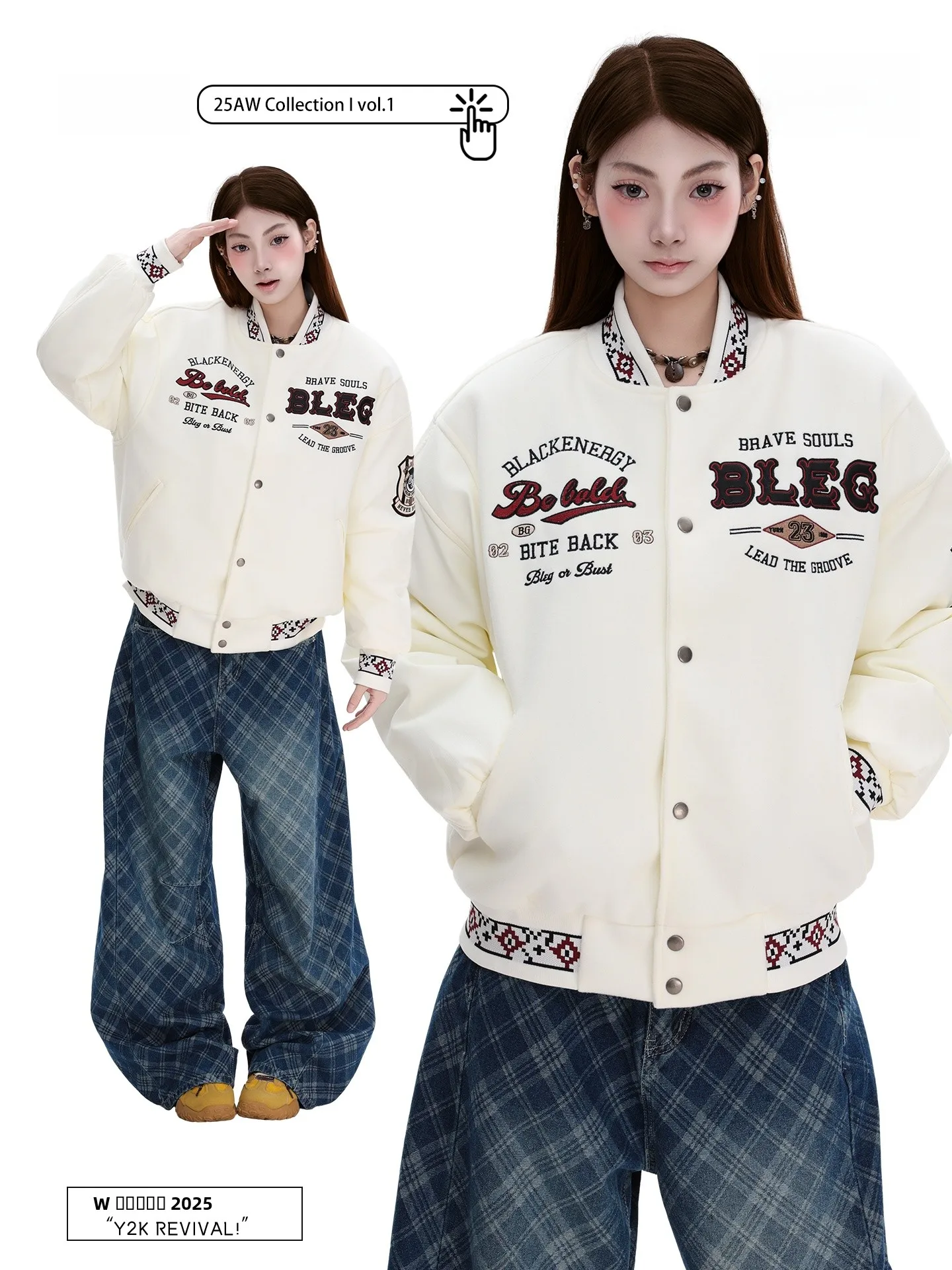 

PBB American Retro Lazy Sle Baseball Jaet Women's Thiened Loose Couple Cotton Coat White Outerwear Street Sle ort Coat
