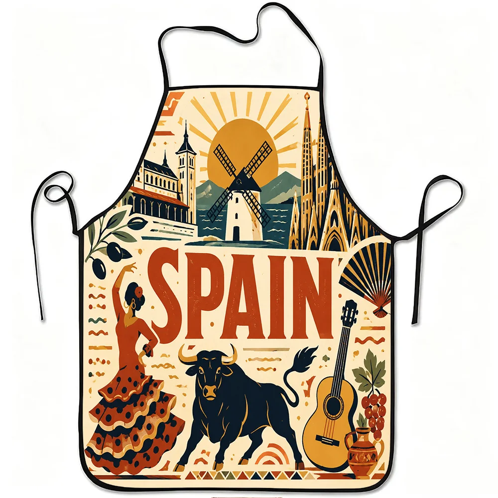 1pc Spain Flamenco Bull Guitar Landscape Print Apron, Durable And Easy to Clean, Adjustable Waistband, Polyester Material, for K