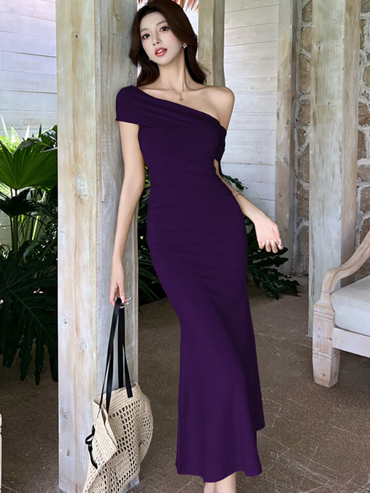 Women Purple Knitted Chic Diagonal Collar Sexy Long Dress Summer Elegant Luxury Prom Dress 2025 Korean Bodycon Party Night Dress