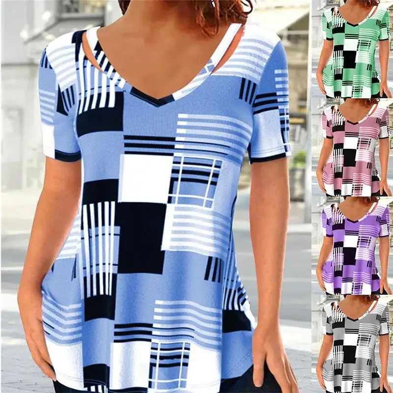 

Модная женская футболка с принтом в клетку и вырезом на воротнике, повседневная, из полиэстера, летняя коллекция