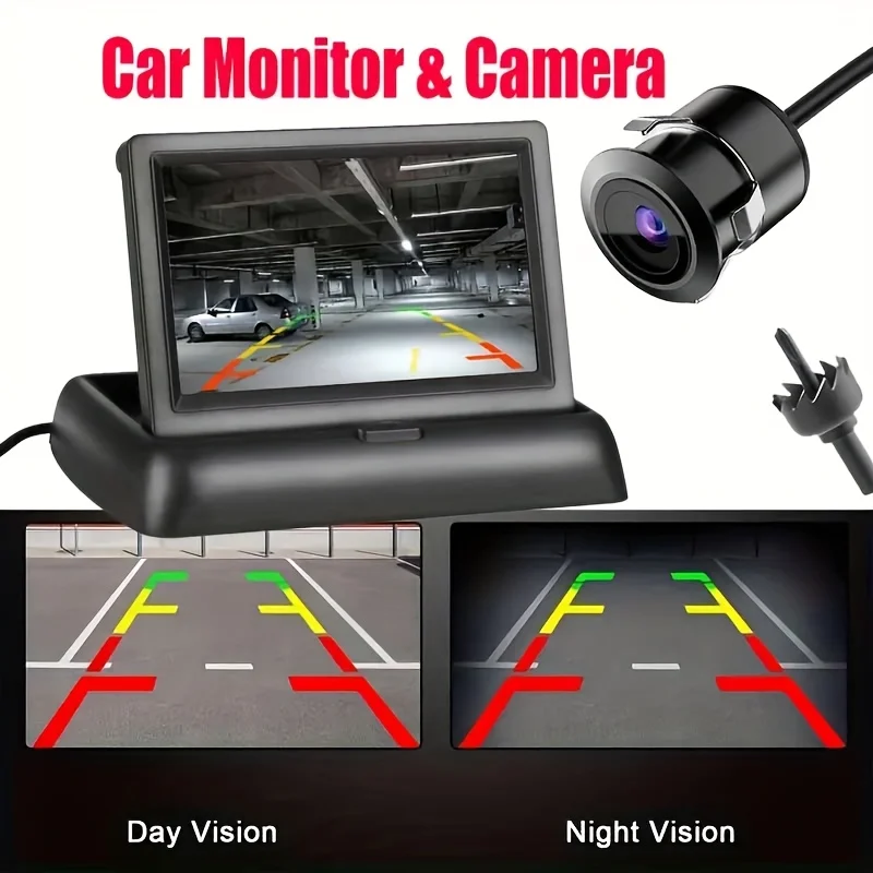 HD 10.92cm Foldable Car Display with Backup Camera Rear View Camera View for Safe Reversing Fit for Sedans, SUVs, RVs, Pickups