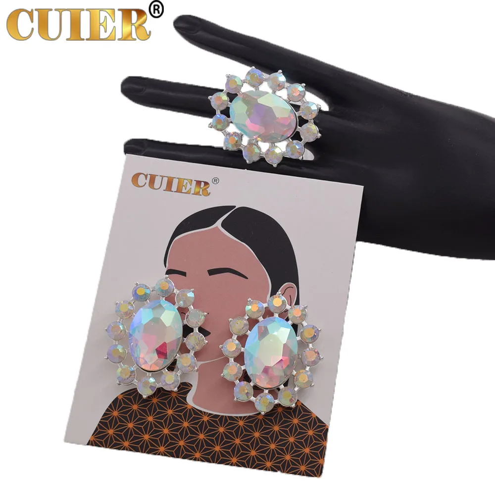 

CUIER Top Shiny Clip Earring Ring Set for women Glass Crystal Oval Gemstone Adjustable Circle Gift for Wedding Jewelry