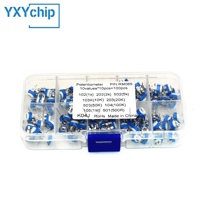 100PCS RM065 Trimmer Potentiometer Kit 500R 1K 2K 5K 10K 20K 50K 100K 200K 1M Variable Resistors Potentiometers RM-065