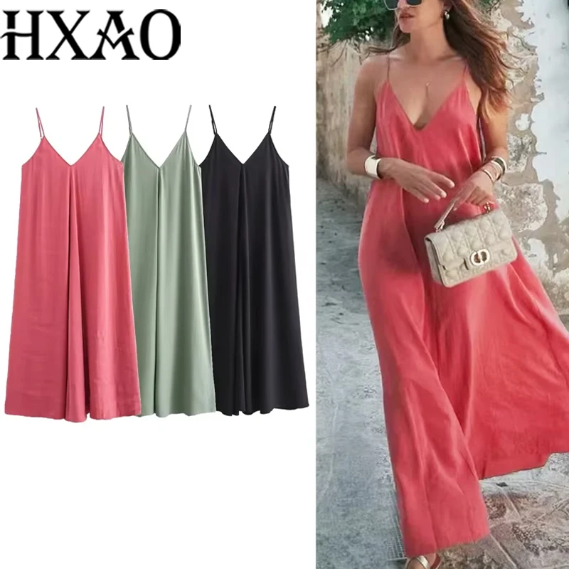 HXAO Długie Sukienki 2024 Lato Eleganckie Sukienki na Imprezę typu Slip Damskie Modne Codzienne Sukienki Bez Pleców Czerwone Zielone Czarne Vestidos