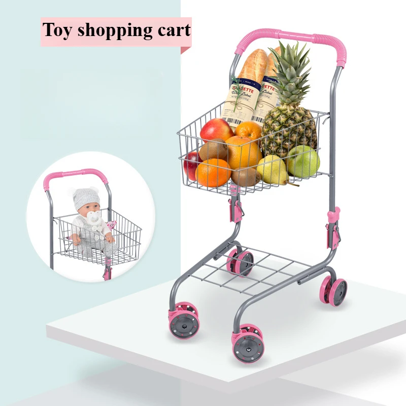 

Toy Shopping Cart for Dolls Foldable Trolley for Kids Toddlers Double Layer Pretend Play Shopping Toys for Girls Birthday Gift