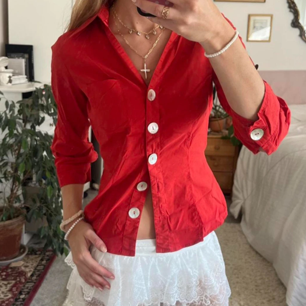 

Retro Women's Button Down Shirt Casual Slim Fit Stylish Solid/Striped Lapel V Neck 3/4 Sleeve Tops