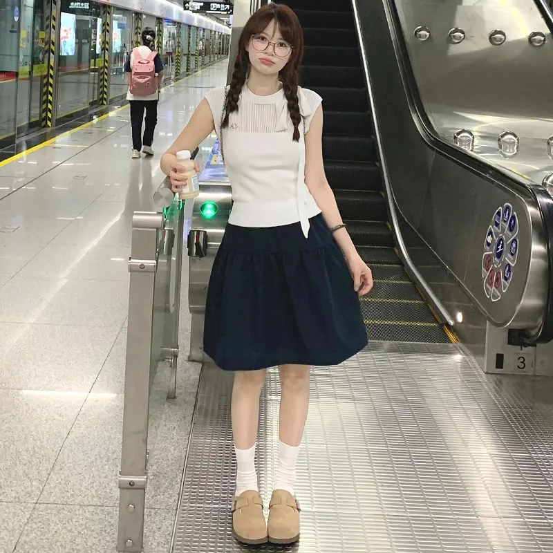 

Женская свободная повседневная спортивная однотонная юбка-миди А-силуэта с высокой талией, простая, универсальная, в стиле преппи, юбка-солнце