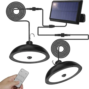 נברשת סולארית חיצונית, עמיד למים הוביל מנורה כפול ראש תליון קישוט תאורה עם שלט רחוק