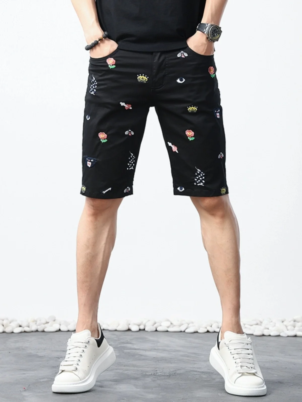 

Trendy Embroidered Denim orts Men's Five-Quarter Thin Cotton Elastic Mid-Waist Casual Wear Summer Faionable orts