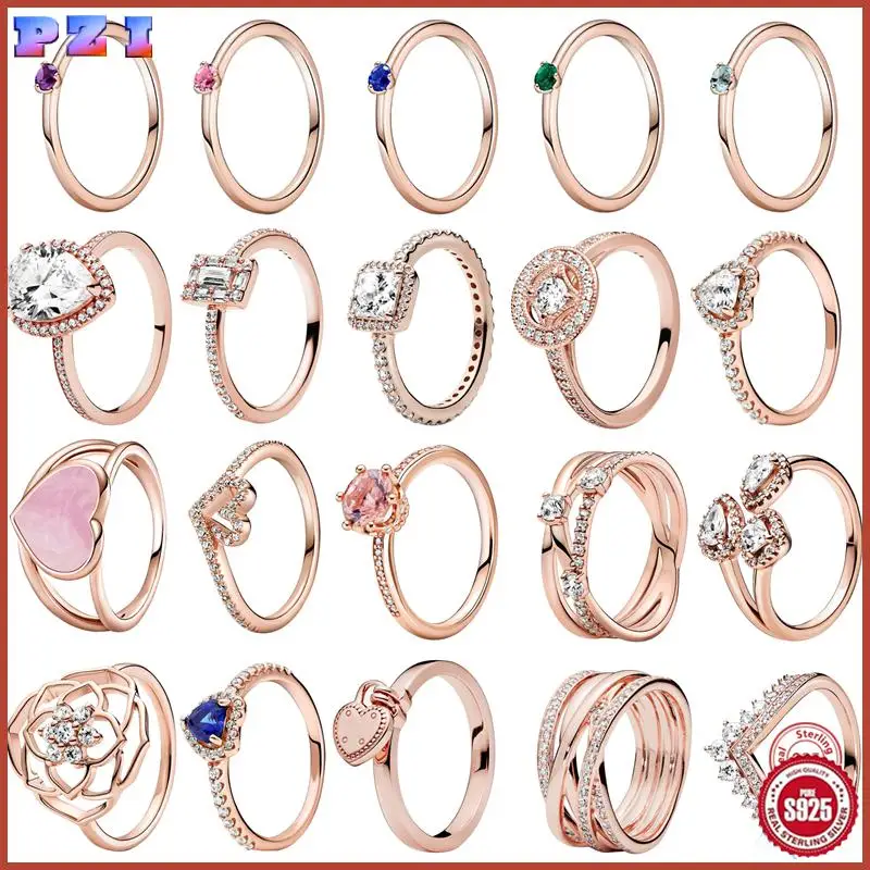 

New Hot Sale 100% 925 Sterling Silver Rings Popular Flower Heart Sparkling Zircon Lucky Rose Gold Rings For Women Jewelry Making