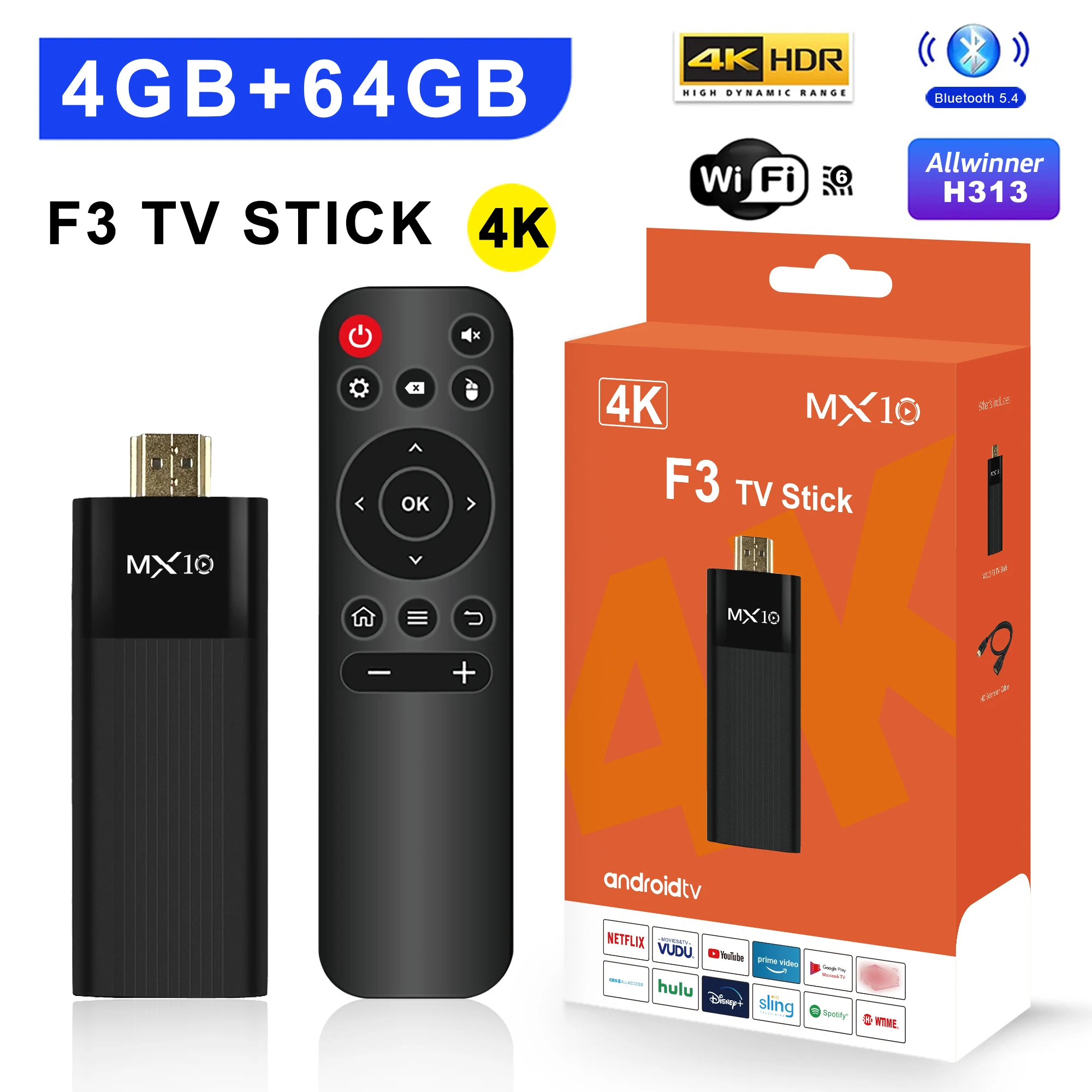 

Factory MX10 F3 TV Stick 4K Android 13 H313 4GB RAM 8G64GB ROM Dual Wifi BT Smart Fire TV Stick Set-Top Box