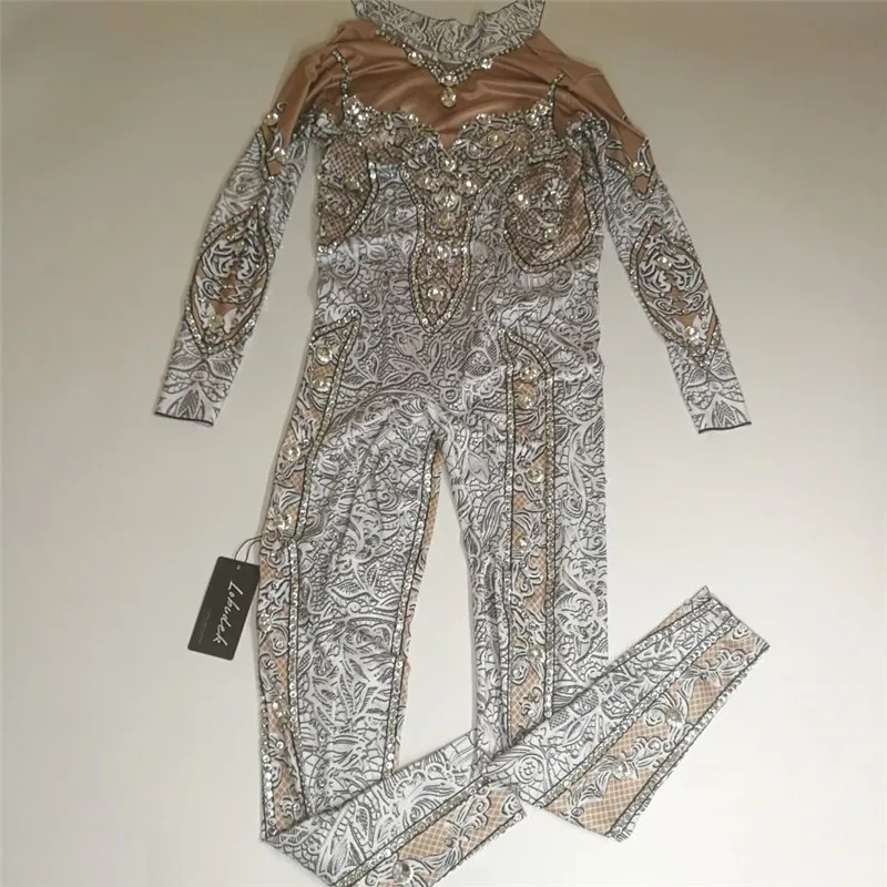 Vintage Printing Rhinestones Skinny Jumpsuit Women Stretch Shining Dance Costume One-piece Bodysuit Nightclub Party Leotard