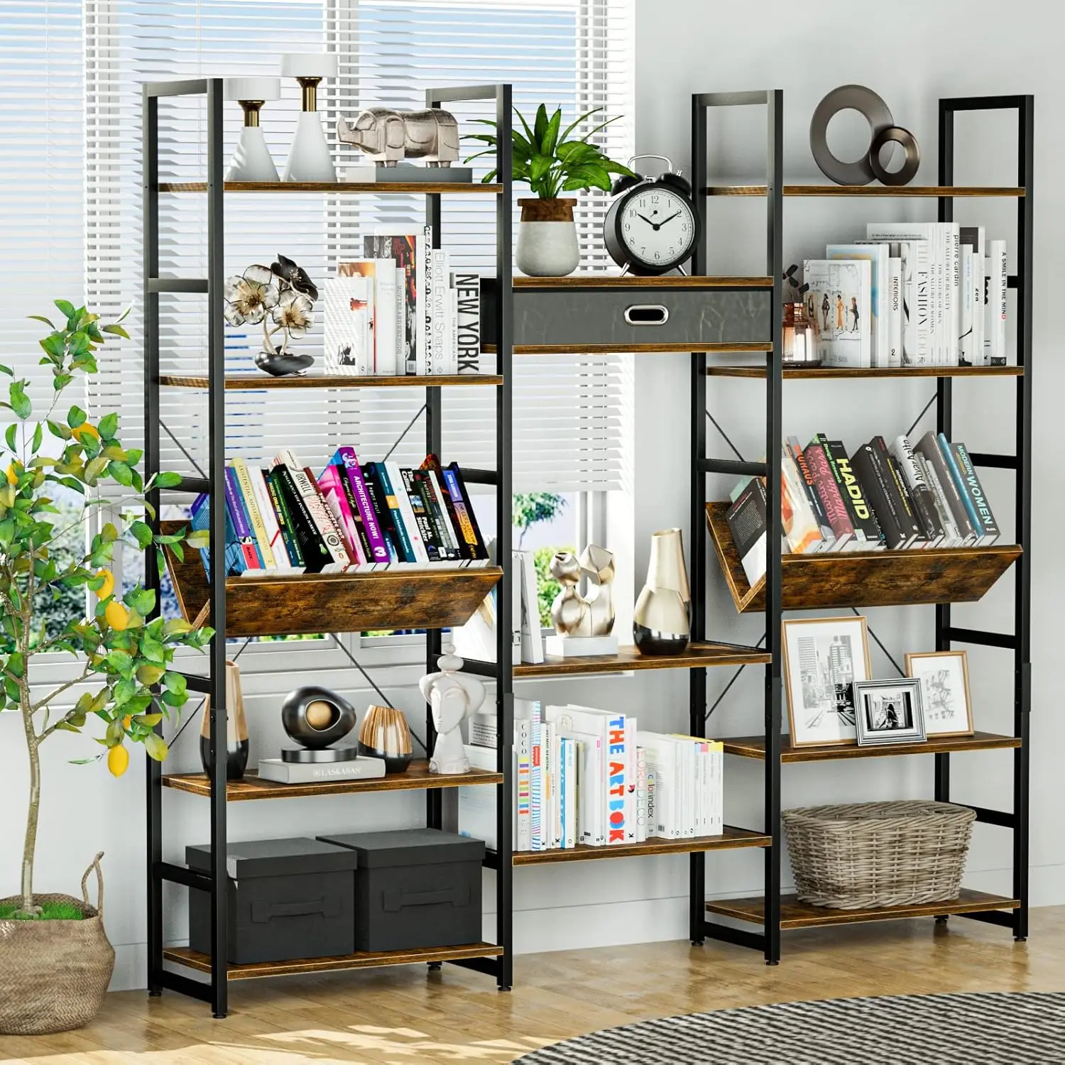 NUMENN Triple Wide 5 Tier Bookshelf, Adjustable Rustic Industrial Style Book Shelves, Modern Bookcases and Bookshelves Furniture