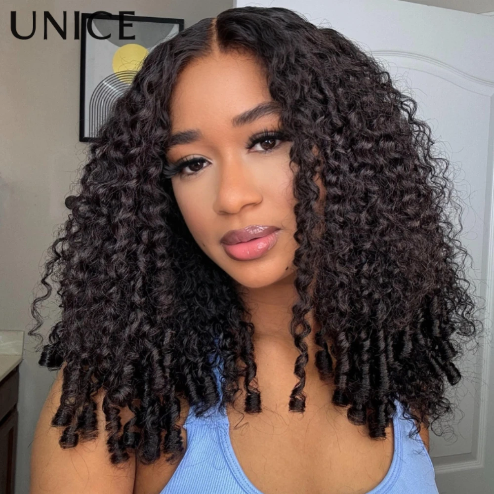 UNice-Peluca de cabello humano rizado con agua, con extremos de bobina para dedo, 7x5 y 13x4, encaje frontal precortado, sin pegamento, 150% de densidad