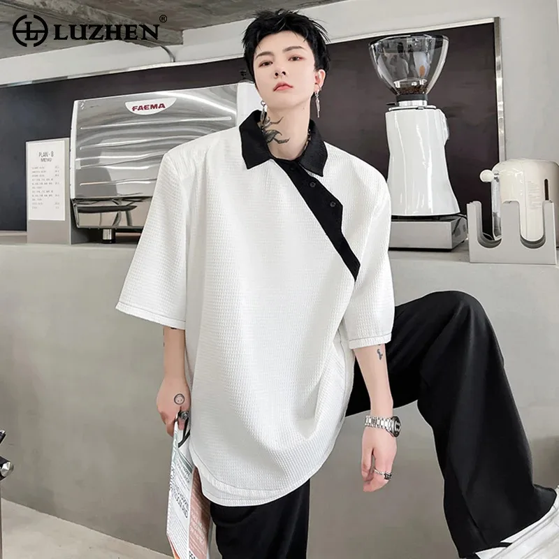 

LUZHEN Fashion Color Contrast Splicing Design Short Sleeve Shirts Men's 2024 Loose High Street Slant Placket Loose Tops LZ5073