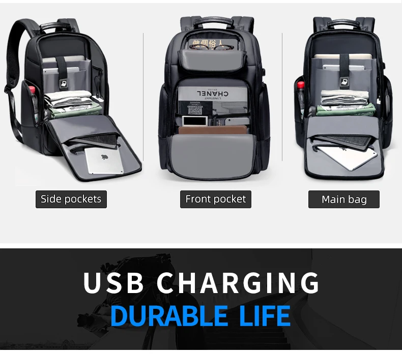 Fenruien Waterproof Backpacks USB Charging School Bag Anti-theft Men Backpack Fit 15.6 Inch Laptop Travel Backpack High Capacity