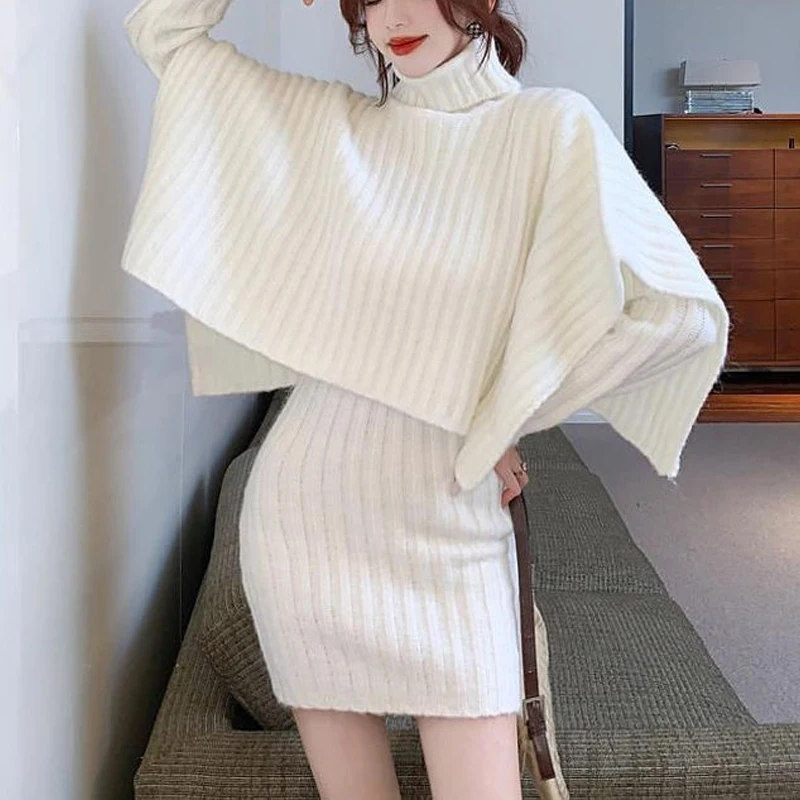 

Осенне-зимний новый однотонный Модный женский комплект, повседневное элегантное облегающее платье в стиле High street и вязаное облегающее платье с длинным рукавом