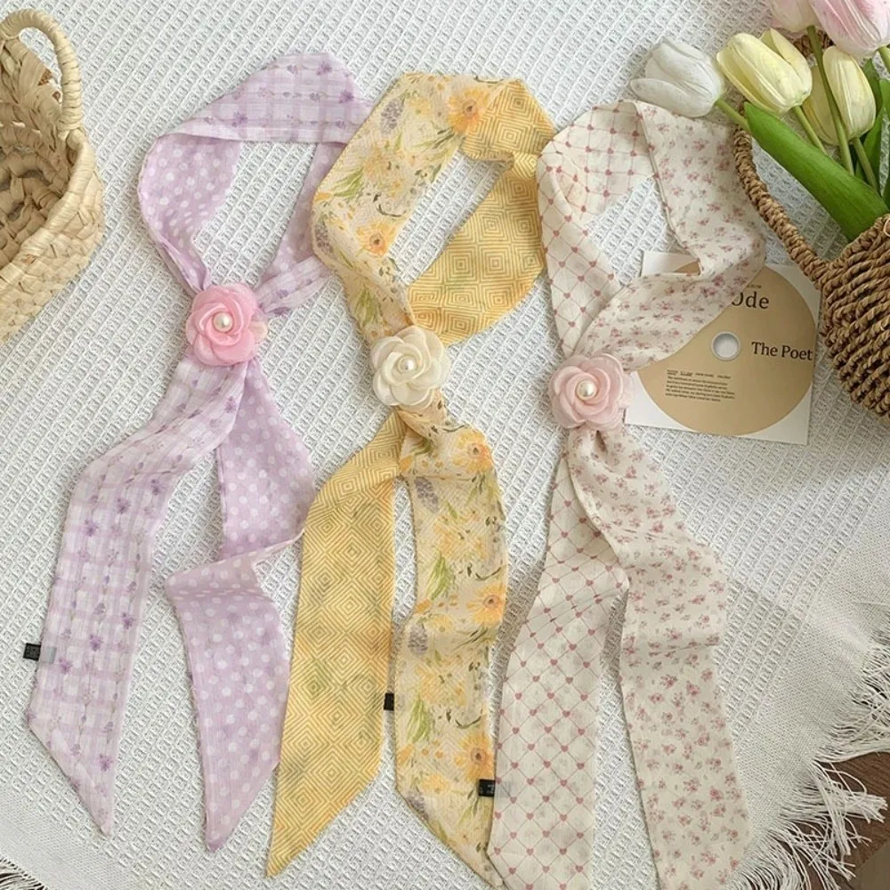 

New Thin Floral Scarf Long Soft Narrow Neck Scarves Breathable with Removable Rose Versatile Headband Belt