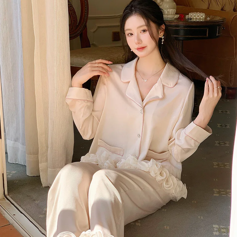 

Женская французская одежда для сна с отложным воротником, осенние пижамы из двух предметов с длинными рукавами, милый кардиган принцессы, пижамы, длинные брюки PYJS