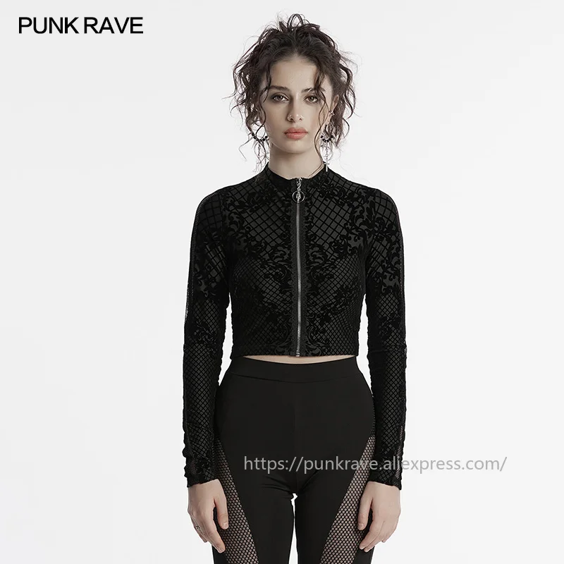 

PUNK RAVE Women's Gothic Flocking Mesh Printed Knit Coat Handsome Short Style Sweet Cool Spicy Girl Vibe Top
