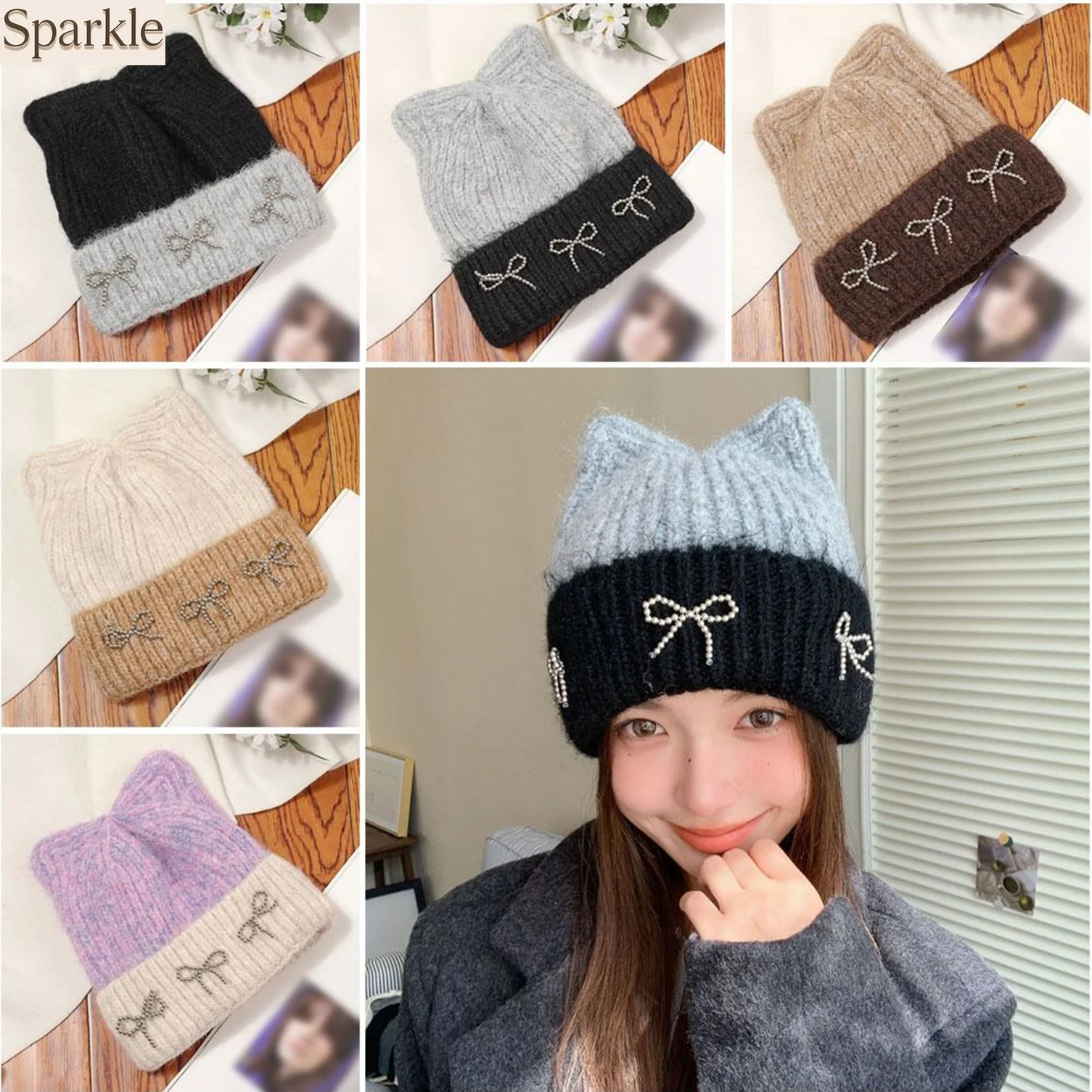 Women's Warm Soft Winter Beanie Hat Color Block Knit with Bow Decor Fashion Woolen Cap for Cold Weather Trendy Headwear