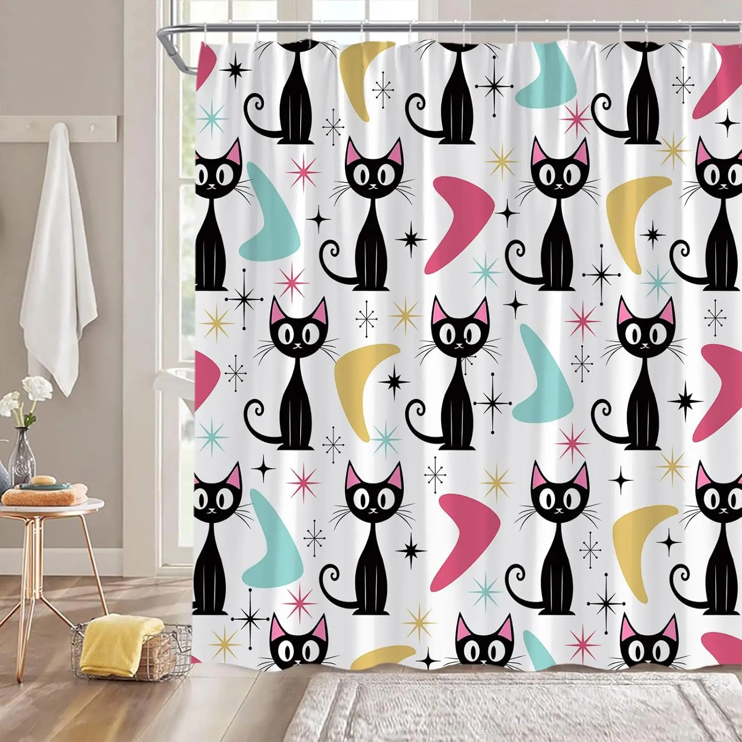 

Занавеска для душа с атомным котом середины века, современная абстрактная геометрическая атомная черная кошка, винтажная 50S, 60S, ретро, красочная ткань для ванной комнаты