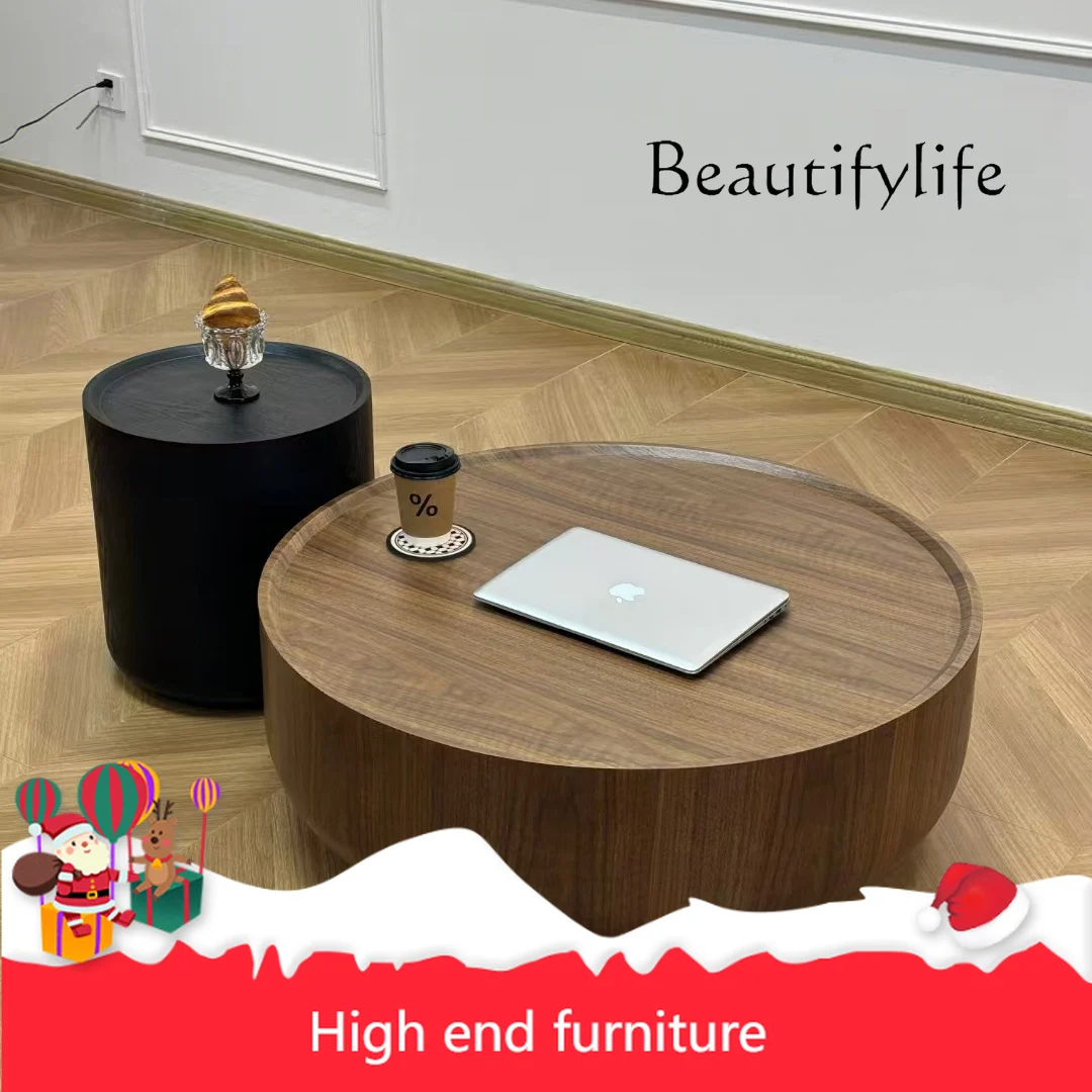 

pP Household retro walnut medium and ancient style coffee table combination Small apartment size round high and low combination