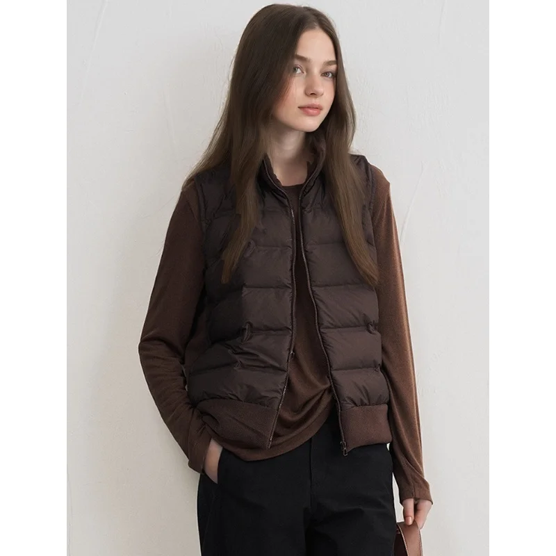 Autumn Winter Fleece Thin Down Vest,Women White Duck Down Stand Collar Casual Zipper Jacket
