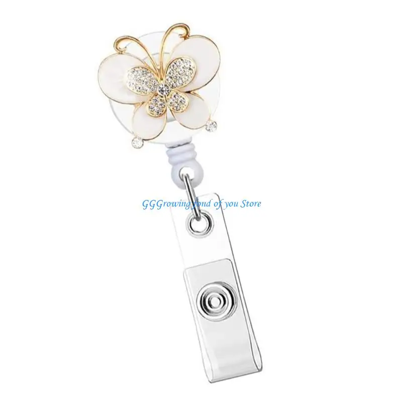 H9EB Stretchable Butterfly Rhinestones Badge Clip 60cm ABS Security Holder for Workplaces Cards and Access Passes