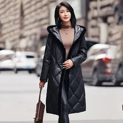 Winter Women's Leather Jacket 2023 Medium and Long Mink Fur Collar Hood Diamond Lattice Sheepskin Genuine Leather Down Coats