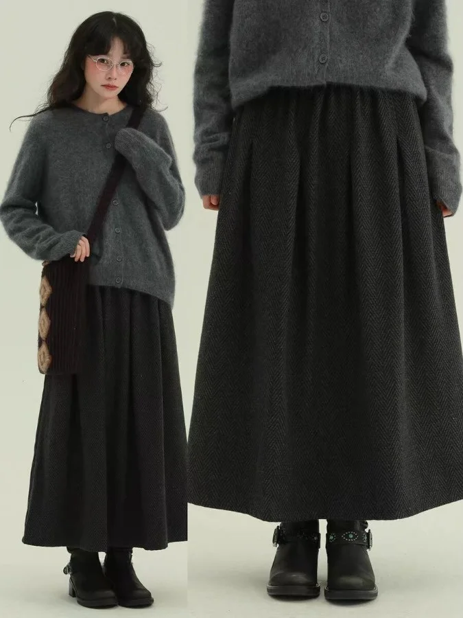 

Autumn Winter Woolen A-Line Skirt plus Size Women's Retro Casual Versatile Slimming f-length Skirt Commute Sle Thiened