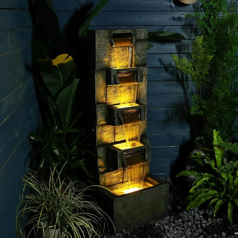 Water Fountain Outdoor Garden Fountains and Waterfalls - Modern with Lights IndoorCascading Floor-Standing Indoor Deck